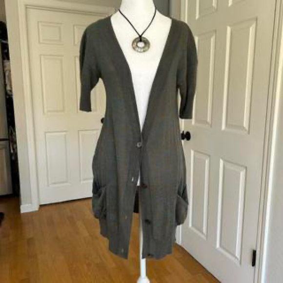 Free people green brown linen short sleeve cardigan - Picture 2 of 7